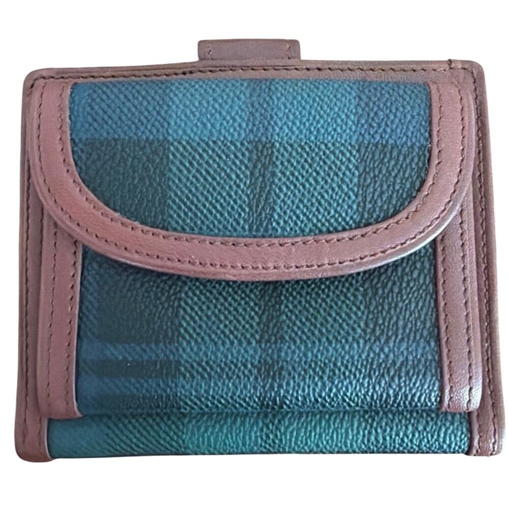 Polo Ralph Lauren Elegant wallet blue and green plaid pattern rich brown trim - Picture 3 of 8